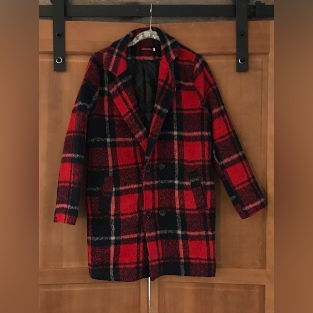 Buffalo Plaid Coat Red Black Plaid Wool Blend Peacoat Size Large Fuzzy Cozy